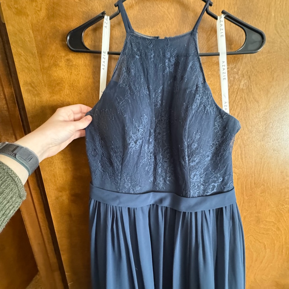 Azazie Navy Blue Lace Halter Dress